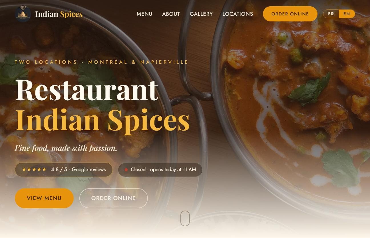 Homepage of the Restaurant Indian Spices website built by MR.RJ Web Montréal